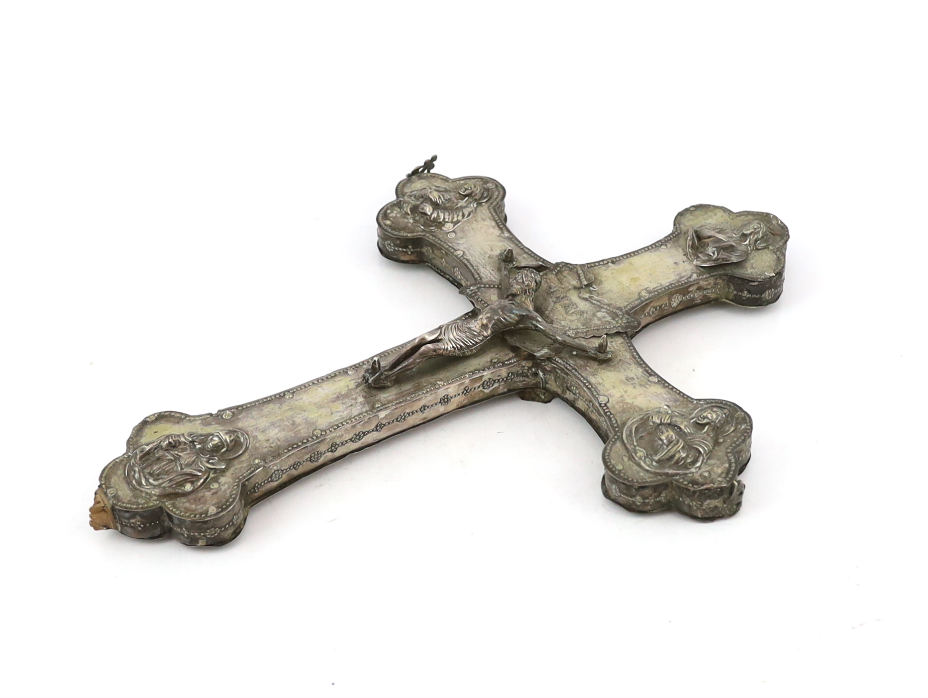 A late 19th / early 20th century continental silver mounted wooden processional crucifix